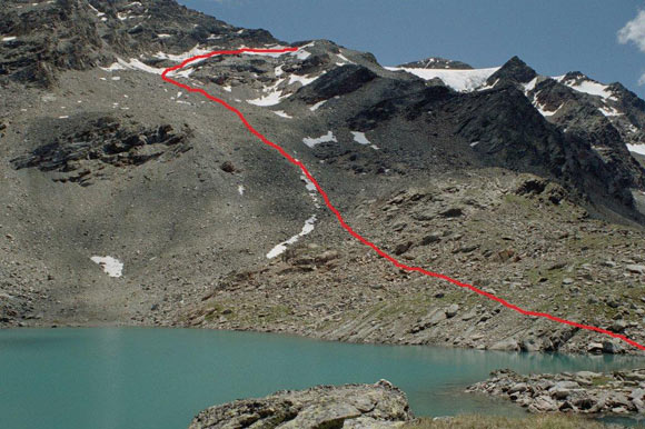 Il Chaputschin - Sulle sponde occidentali del Lej Alv, la vetta sopra il ghiacciaio  Il Chaptschin