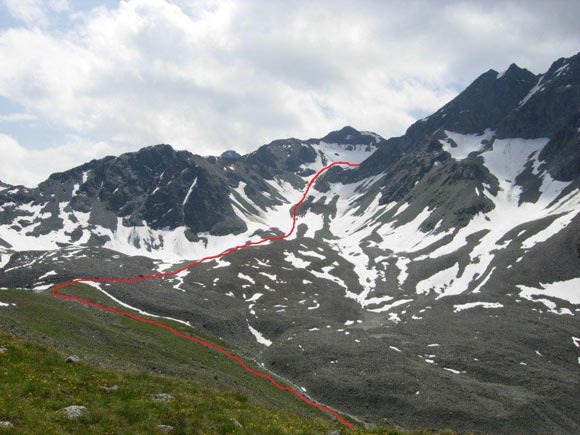 Piz Muragl - A sinistra il Lej Muragl e il percorso di salita nel vallone, a destra il Piz Muragl