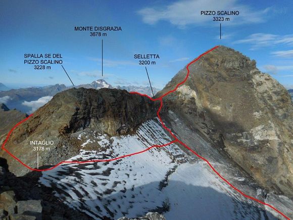 pizzoscalino - I 2 possibili itinerari per raggiungere la cresta SE dello Scalino