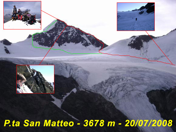 Punta San Matteo- Cresta Sud - Percorso di salita (in rosso) e di discesa (in verde)