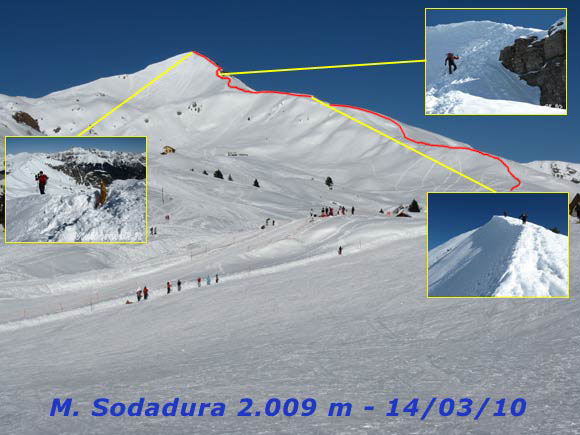 Monte Sodadura - Tracciato del percorso di salita lungo la cresta sud ovest