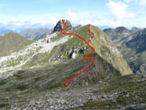 Via Normale Pizzo di Valbona - Percorso e cima visti dalla cresta N del M. Toro