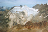 Via Normale Punta Marinelli - Il Ghiacciaio di Scerscen Inferiore e in basso il rifugio, dalla vetta