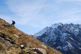 Via Normale Corno dei Becchi - Via Normale da S - Risalendo i ripidi prati sassosi della Cima Sud-Est. Sullo sfondo la Punta di Pietra Rossa.