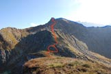 Via Normale Corno dei Becchi - Normale da W - Il Corno dei Becchi da Ovest. In rosso la salita, in blu la discesa.