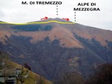Via Normale Monte di Tremezzo - In giallo la stradina e in rosso le creste WNW e S, dal parcheggio