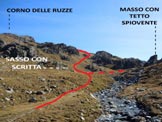 Via Normale Corno delle Ruzze - Al centro il pianoro con il bivio