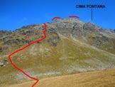 Via Normale Cima Fontana - Cresta SW - Immagine ripresa dal pianoro, 200 m sopra lAlpe Gembr