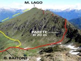 Via Normale Monte Lago - Cresta SSE - In rosso la via della cresta SSE, in giallo quella di discesa. Dal M. Pedena