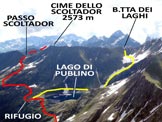 Via Normale Cime dello Scoltador - In rosso la via normale, in giallo la traversata. Dal Corno Stella