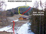 Via Normale Pizzo Mercantelli - In rosso litinerario della cresta NE, in giallo quello della cresta SW