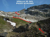 Via Normale Pizzo Scalino - dalla Val Fontana - In salita, a centro immagine le rocce carbonatiche chiare