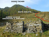 Via Normale Dosso Tacher - Il rudere dove si abbandona il sentiero segnalato
