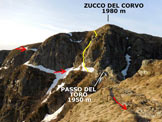 Via Normale Monte Foppabona - Il versante N del Zucco del Corvo, in giallo il sentiero attrezzato