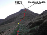 Via Normale Piancone Basso - In giallo il punto dove si abbandona la vecchia strada militare e si sale lungo la cresta S
