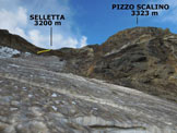 Via Normale Pizzo Scalino (traversata) - Sul crepacciato Ghiacciaio dello Scalino, in giallo la paretina attrezzata