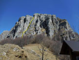 Via Normale Resegone - Ferrata del Centenario - La bastionata di fronte al Rif. Ghislandi, in giallo la Ferrata del Centenario