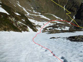 Via Normale Pizzo di Giacomo - Vers. Nord - Dal canale nord, in giallo il sentiero che da Ornica sale al Passo Salmurano