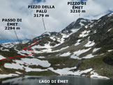 Via Normale Pizzo di Emet (o Piz Timun) - da Nord - Litinerario, ripreso dal Rifugio Bertacchi