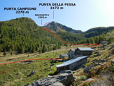 Via Normale Punta della Pessa - La Punta della Pessa e litinerario di salita, dalle Baite la Pessa (q. 1850 m)