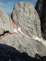 Via Normale Torre Armena - Discesa dalla forcella dello Spizzòn con il Sass dei Lastèi a destra.