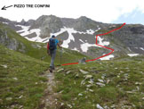 Via Normale Pizzo Tre Confini - dal Rifugio Cur - In alta Val Cerviera. A destra la sella sulla cresta SW del Tre Confini