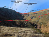 Via Normale Dosso Cornin - Nella conca compresa tra le creste E e NE