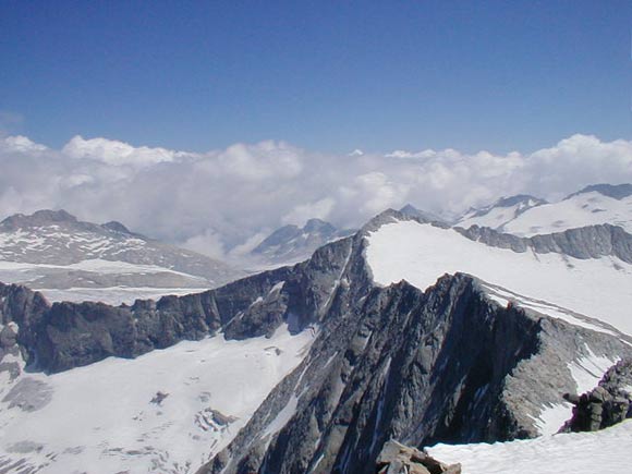 adamello - Dalla cima vista sulla cresta verso il Monte Falcone e il Corno Bianco