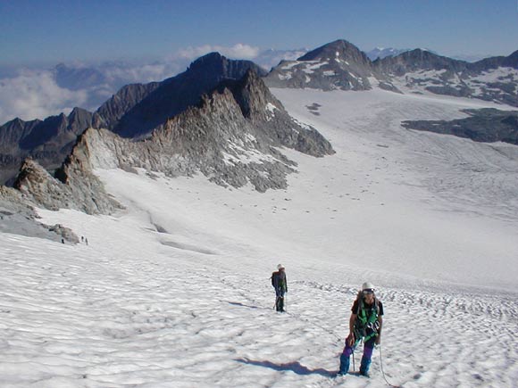 Monte Adamello - Passo Brizio e porzione del Pian di neve visti salendo al Corno Bianco
