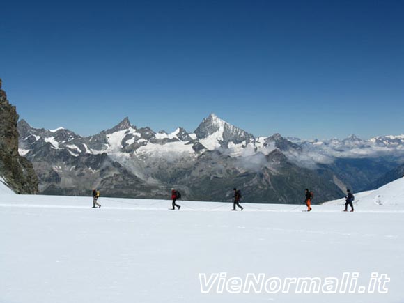 Breithorn Ovest - Cordate lungo il ghiacciaio sulla via del ritorno