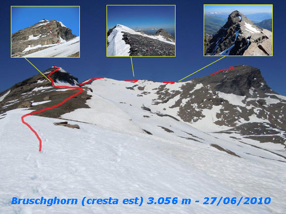 Bruschghorn - A sinistra la (q. 2962 m), al centro la Cima principale del Bruschghorn (q. 3056 m) e a destra la Cima N (q. 3044 m)