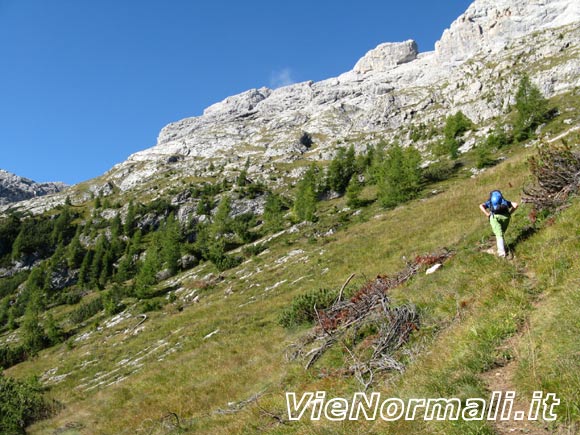 Cima di Campido - Avvicinamento lungo i prati sotto i Campanili di Focobon