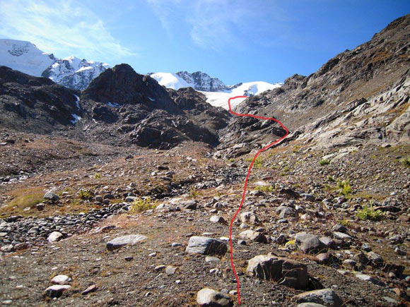 Cima San Giacomo - Si entra nel Canalone dell'Isola solo nella sua parte pi elevata, per raggiungere l'effluenza del Ghiacciaio dei Forni. A sinistra il S. Matteo