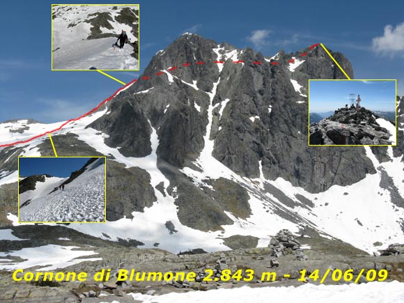 Cornone di Blumone - La parete sud e il percorso di salita dal Passo di Blumone
