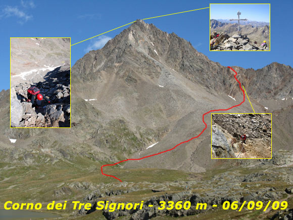 Corno dei Tre Signori - Il Corno dei Tre Signori visto dal Passo Gavia con il percorso verso la bocchetta