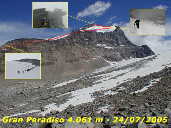 Gran Paradiso - Il Gran Paradiso con il percorso di salita visto salendo verso il Ciarforon