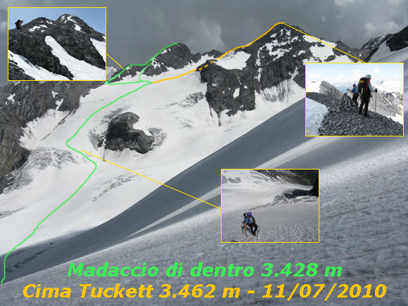 Madaccio di dentro - Cima Tuckett - Percorso al Madaccio di dentro (verde) e alla Cima Tuckett (giallo - discesa)