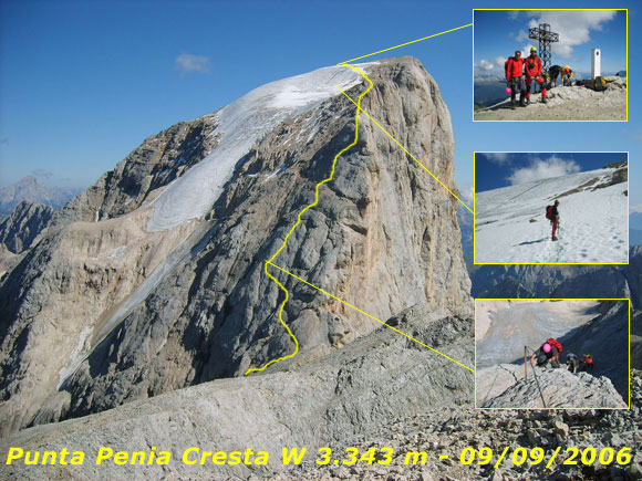 marmolada - Percorso della ferrata lungo la cresta ovest visto dalla cima del Piccolo Vernel