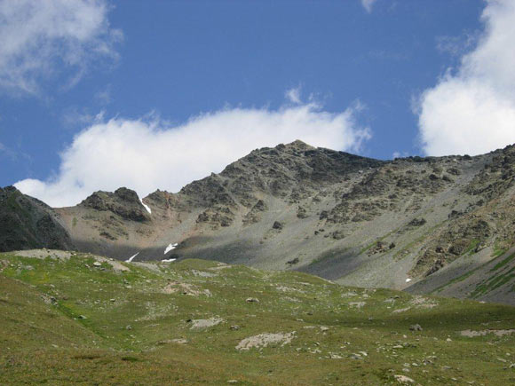 Monte Forcellina - Al centro la spalla del Monte Forcellina, dove convergono le creste SW e SE, dal traverso sulle coste erbose
