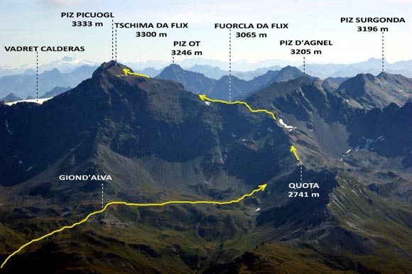 pizcalderas - Immagine ravvicinata da SW, dalla vetta del Piz Platta