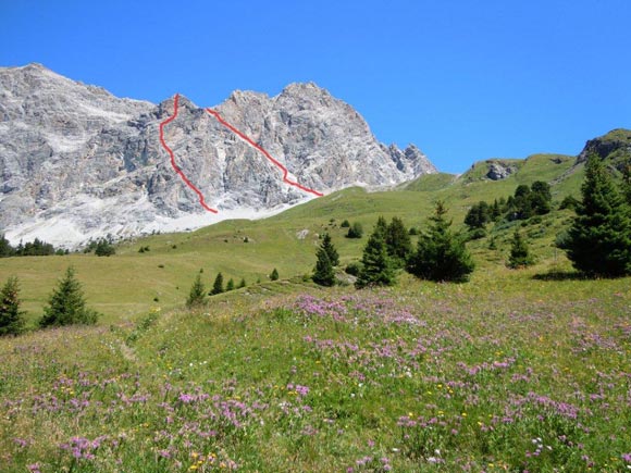 Piz Mitgel - Per chi ama la verticalit a sinistra l'itinerario (approssimativo) della Senda verticala, a destra la facile Senda diagonala