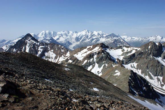 pizvadret - Panorama di vetta verso S. A sinistra la piramide del Piz Languard, a destra il Piz Muragl, in mezzo il Gruppo del Bernina