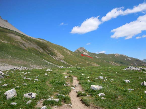 Piz Viroula - Lungo il sentiero che conduce alla Fuorcla Gualdauna, visibile al centro dell'immagine