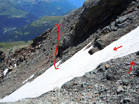 Pizzi dei Piani - In discesa, il traverso per raggiungere la cresta ENE
