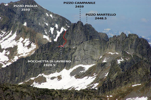 Pizzo Campanile - La parete E e il canale da salire