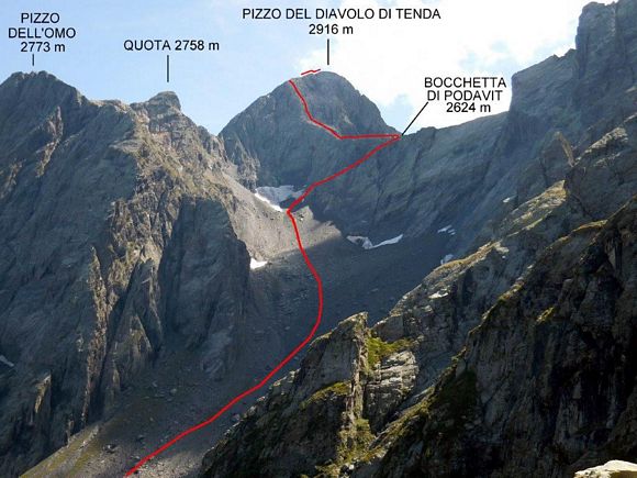 Pizzo del Diavolo di Tenda - L'itinerario ripreso da NW