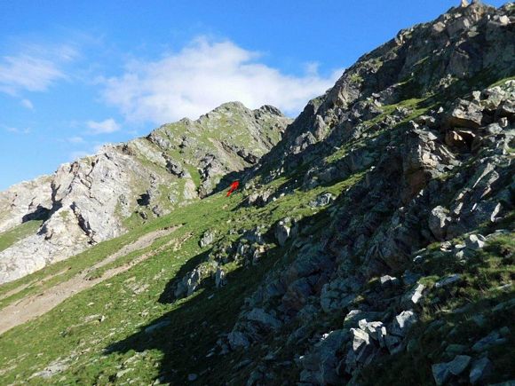 Sassalbo - Nel traverso del ripido pendio erboso che precede il canale