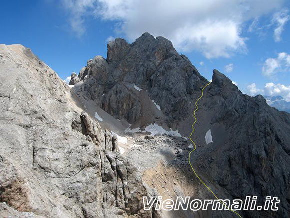 Sasso di Valfredda - Versante ovest e percorso di salita alla forcella