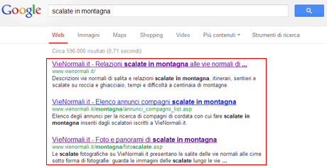 Posizionamento in Google VieNormali.it per scalate in montagna