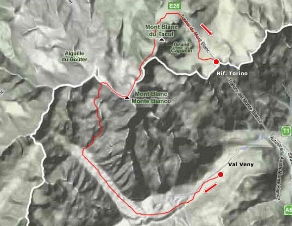 Mappa del percorso Traversata del Monte Bianco